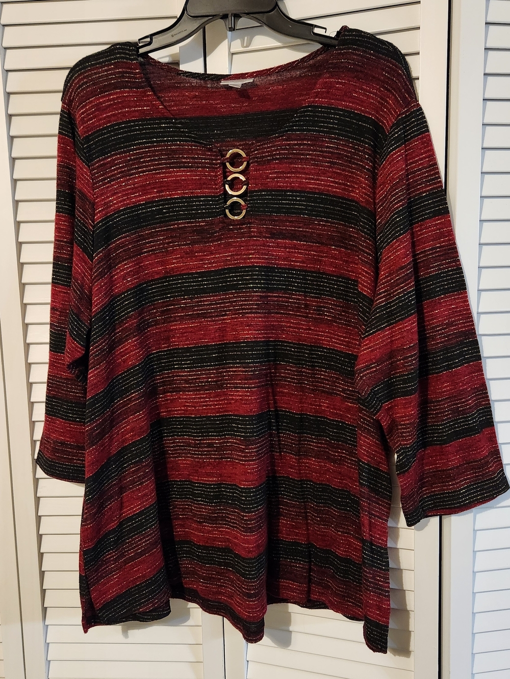 Avenue Red and Black Striped Long Sleeve Top with Gold Rings